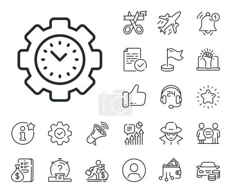 Illustration for Clock sign. Salaryman, gender equality and alert bell outline icons. Time management line icon. Gear symbol. Time management line sign. Spy or profile placeholder icon. Online support, strike. Vector - Royalty Free Image