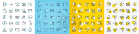 Illustration for Vector icons set of Freezing, Download photo and Safe box line icons pack for web with Send box, Typewriter, Charging station outline icon. Chemical hazard, Timer, Calendar pictogram. Vector - Royalty Free Image