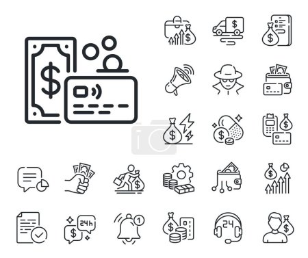 Illustration for Bank money payment sign. Cash money, loan and mortgage outline icons. Credit card line icon. Non-cash coin pay symbol. Card line sign. Credit card, crypto wallet icon. Inflation, job salary. Vector - Royalty Free Image