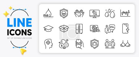 Illustration for Luggage protect, Stock analysis and Waterproof line icons set for app include Graduation cap, Boron mineral, 5g internet outline thin icon. Monitor repair, Online shopping. Vector - Royalty Free Image