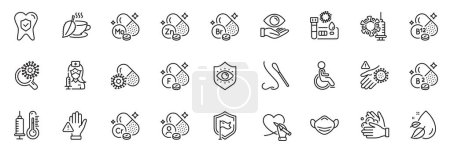 Illustration for Icons pack as Vaccination, Social care and Medical mask line icons for app include Coronavirus vaccine, Molybdenum mineral, Mint tea outline thin icon web set. Cobalamin vitamin, Vitamin. Vector - Royalty Free Image