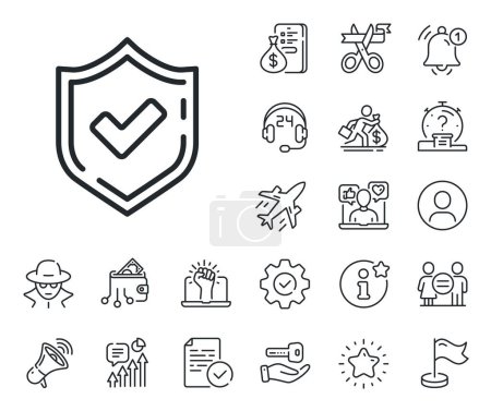 Illustration for Accepted or Approve sign. Salaryman, gender equality and alert bell outline icons. Check mark line icon. Tick shield symbol. Confirmed line sign. Spy or profile placeholder icon. Vector - Royalty Free Image