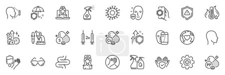 Illustration for Icons pack as Niacin, Shield and Dont touch line icons for app include Medicine, Difficult stress, Umbrella outline thin icon web set. Donation, Coronavirus vaccine, Coronavirus pictogram. Vector - Royalty Free Image