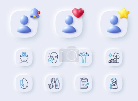 Illustration for Vaccine report, Vaccination and Anxiety line icons. Placeholder with 3d bell, star, heart. Pack of Dumbbell, Health skin, Bicycle icon. Dumbbells workout, No alcohol pictogram. Vector - Royalty Free Image