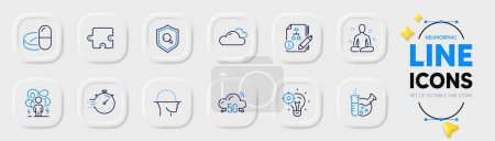 Illustration for Difficult stress, Seo idea and Cloudy weather line icons for web app. Pack of Inspect, Chemistry lab, 5g cloud pictogram icons. Timer, Puzzle, Medical drugs signs. Yoga, Face scanning. Vector - Royalty Free Image