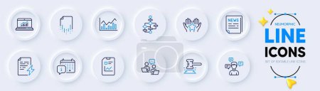 Illustration for Conversation messages, Ranking and Recovery file line icons for web app. Pack of Power certificate, Report document, Block diagram pictogram icons. Online statistics, Fake news, Teamwork signs. Vector - Royalty Free Image