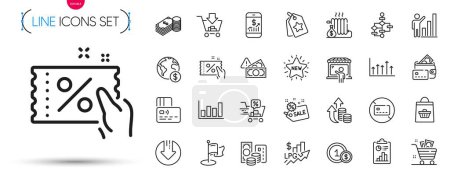 Ilustración de Pack of Growth chart, Graph chart y Grocery basket line icons. Incluye iconos de pictograma de tarjeta, compras, diagrama de bloques. Financiación móvil, informe, señales de fraude. Compra en línea, Radiador, Venta. Vector - Imagen libre de derechos