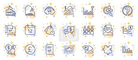 Illustration for Outline set of Chemistry lab, Mail correspondence and Annual calendar line icons for web app. Include Checked file, Floor plan, Question mark pictogram icons. Time management, Histogram. Vector - Royalty Free Image