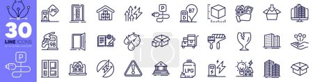 Illustration for Petrol station, Engineering documentation and Realtor line icons pack. Gas station, Buildings, Inventory cart web icon. Package size, Open door, Fragile package pictogram. Packing boxes. Vector - Royalty Free Image
