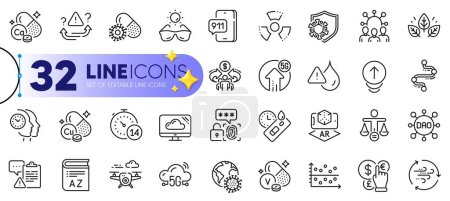 Illustration for Outline set of Covid test, Time management and Ethics line icons for web with 5g upload, Sharing economy, Coronavirus pandemic thin icon. Coronavirus, Cloud storage, Dao pictogram icon. Vector - Royalty Free Image