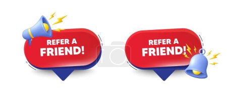 Illustration for Refer a friend tag. Speech bubbles with 3d bell, megaphone. Referral program sign. Advertising reference symbol. Refer friend chat speech message. Red offer talk box. Vector - Royalty Free Image