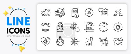 Illustration for Meditation eye, Overeating pills and Time line icons set for app include Pandemic vaccine, Bitcoin graph, Idea outline thin icon. Clipboard, Cogwheel settings, Throw hats pictogram icon. Vector - Royalty Free Image