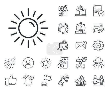 Illustration for Hot weather sign. Salaryman, gender equality and alert bell outline icons. Sun line icon. Summer symbol. Sun line sign. Spy or profile placeholder icon. Online support, strike. Vector - Royalty Free Image