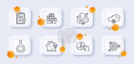 Illustration for Snow weather, Street light and Target line icons pack. 3d glass buttons with blurred circles. Inventory, Cognac bottle, Niacin vitamin web icon. Reject checklist, Pie chart pictogram. Vector - Royalty Free Image