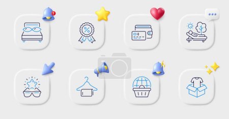 Illustration for Online shopping, Clothing and Pillows line icons. Buttons with 3d bell, chat speech, cursor. Pack of Discount medal, Clean towel, Wallet icon. Lounger, Best glasses pictogram. Vector - Royalty Free Image