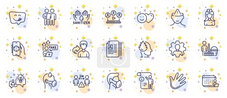 Illustration for Outline set of Video conference, Yummy smile and Cv documents line icons for web app. Include Accounting, 3d app, Hospital nurse pictogram icons. Manual doc, Fake internet, Share signs. Vector - Royalty Free Image