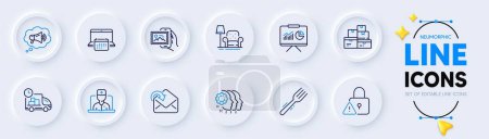 Illustration for Fork, Receive mail and Employees teamwork line icons for web app. Pack of Megaphone, Telemedicine, Armchair pictogram icons. Wholesale goods, Lock, Image album signs. Presentation. Vector - Royalty Free Image