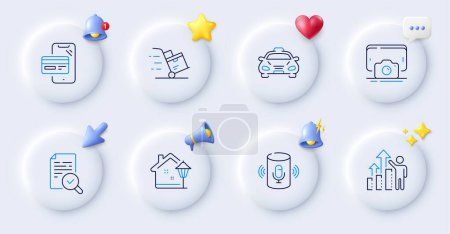 Illustration for Delivery cart, Employee results and Phone photo line icons. Buttons with 3d bell, chat speech, cursor. Pack of Taxi, Voice assistant, Inspect icon. Online shopping, Street light pictogram. Vector - Royalty Free Image
