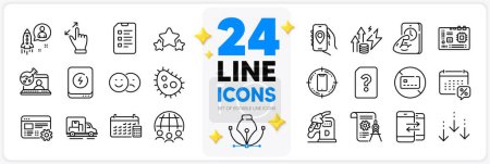 Illustration for Icons set of Checklist, Diesel station and Energy inflation line icons pack for app with Stars, Bacteria, No card thin outline icon. Touchscreen gesture, Fitness, Unknown file pictogram. Vector - Royalty Free Image