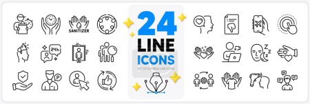 Illustration for Icons set of Engineering team, Hand sanitizer and Electronic thermometer line icons pack for app with Thumb down, Romantic talk, Safe time thin outline icon. Consulting, Video conference. Vector - Royalty Free Image