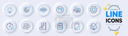Illustration for Fake news, Fitness and Do not touch line icons for web app. Pack of Recovery phone, Sound wave, Targeting pictogram icons. Medicine price, Timer, Light bulb signs. Handout, Intestine, Service. Vector - Royalty Free Image