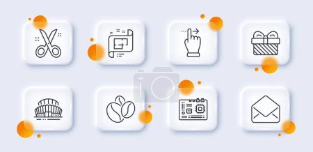 Illustration for Scissors, Gift and Architectural plan line icons pack. 3d glass buttons with blurred circles. Sports stadium, Mail, Coffee beans web icon. Touchscreen gesture, Motherboard pictogram. Vector - Royalty Free Image