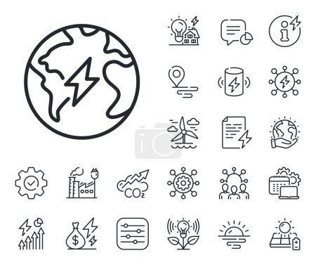 Illustration for Electric power energy sign. Energy, Co2 exhaust and solar panel outline icons. Electricity line icon. Lightning bolt symbol. Electricity line sign. Eco electric or wind power icon. Vector - Royalty Free Image