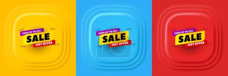 Illustration for Sale 50 percent off banner. Neumorphic offer banner, flyer or poster. Discount sticker shape. Hot offer icon. Sale 50 promo event banner. 3d square buttons. Special deal coupon. Vector - Royalty Free Image