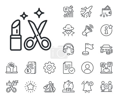 Illustration for Haircut scissors and lipstick sign. Salaryman, gender equality and alert bell outline icons. Beauty salon line icon. Makeup service symbol. Beauty line sign. Spy or profile placeholder icon. Vector - Royalty Free Image