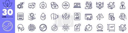 Illustration for No vaccine, Incubator and Graph laptop line icons pack. Audit, Copyrighter, Globe web icon. Ab testing, Report document, Safe energy pictogram. Swipe up, Dermatologically tested, Medical drugs. Vector - Royalty Free Image