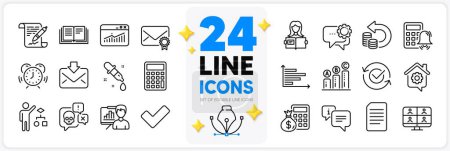 Illustration for Icons set of Calculator alarm, Video conference and Time management line icons pack for app with Education, Finance calculator, Cyber attack thin outline icon. Algorithm. Design with 3d stars. Vector - Royalty Free Image