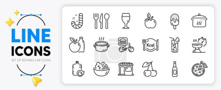 Illustration for Candy, Cherry and Salad line icons set for app include Beer glass, Food delivery, Market outline thin icon. Food, Calories, Beer pictogram icon. Apple, Water glass, Saucepan. Pizza. Vector - Royalty Free Image