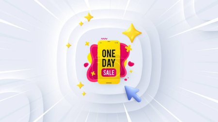 Illustration for One day sale banner. Neumorphic offer 3d banner, poster. Discount sticker shape. Special offer phone icon. One day promo event background. Sunburst banner, flyer or coupon. Vector - Royalty Free Image