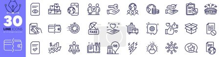 Illustration for Sports arena, Home facility and Petrol station line icons pack. Ethics, Payment methods, Discrimination web icon. Global business, Budget, Buying house pictogram. Baggage cart. Vector - Royalty Free Image