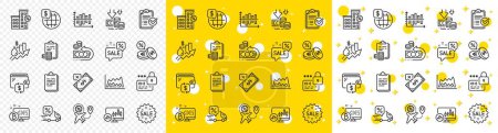 Illustration for Outline Rise price, Cash back and Loan house line icons pack for web with Deflation, Flight sale, Rejected payment line icon. Candlestick chart, Clipboard, Discounts bubble pictogram icon. Vector - Royalty Free Image
