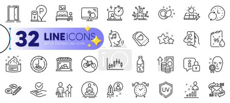Illustration for Outline set of Inflation, Candlestick graph and Keywords line icons for web with E-mail, Timer, Love ticket thin icon. Update time, Uv protection, Open door pictogram icon. Approved. Vector - Royalty Free Image