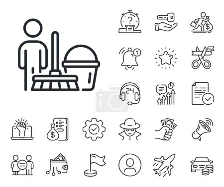 Illustration for Household service sign. Salaryman, gender equality and alert bell outline icons. Cleaning line icon. Professional cleaner symbol. Cleaning line sign. Spy or profile placeholder icon. Vector - Royalty Free Image
