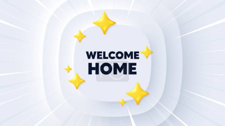 Illustration for Welcome home tag. Neumorphic banner with sunburst. Home invitation offer. Hello guests message. Welcome home message. Banner with 3d stars. Circular neumorphic template. Vector - Royalty Free Image