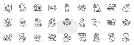 Illustration for Icons pack as Teamwork, Three fingers and Stress line icons for app include Volunteer, Vaccination, Inspect outline thin icon web set. Psychology, Winner cup, Cursor pictogram. Vector - Royalty Free Image