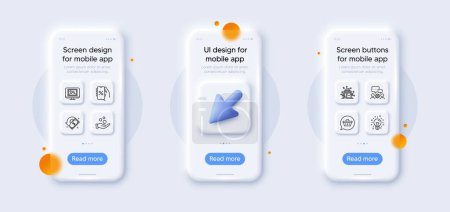 Illustration for Distribution, Donation money and Idea line icons pack. 3d phone mockups with cursor. Glass smartphone screen. Shopping cart, Photo thumbnail, Cashback web icon. Vector - Royalty Free Image