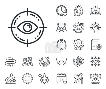Illustration for Oculist clinic sign. Online doctor, patient and medicine outline icons. Eye target line icon. Optometry vision symbol. Eye target line sign. Veins, nerves and cosmetic procedure icon. Vector - Royalty Free Image