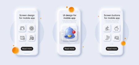 Illustration for Piggy bank, Leader run and Milestone line icons pack. 3d phone mockups with bell alert. Glass smartphone screen. Card, Account, Phishing web icon. Fan engine, Lock pictogram. Vector - Royalty Free Image