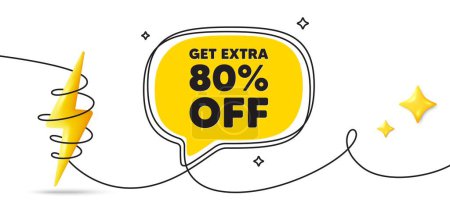Illustration for Get Extra 80 percent off Sale. Continuous line art banner. Discount offer price sign. Special offer symbol. Save 80 percentages. Extra discount speech bubble background. Wrapped 3d energy icon. Vector - Royalty Free Image