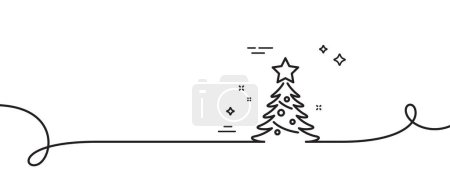 Téléchargez les illustrations : Arbre de Noël ligne cadeau icône. Continu une ligne avec boucle. Signe de nouvel an en épicéa. Symbole du sapin. Ruban de contour simple arbre de Noël. Courbe de boucle. Vecteur - en licence libre de droit