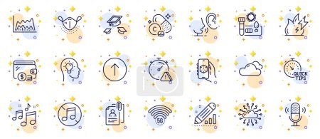 Illustration for Outline set of 5g wifi, Attention and Microphone line icons for web app. Include Cloud network, Interview documents, Throw hats pictogram icons. Cloudy weather, Covid test, Medical mask signs. Vector - Royalty Free Image