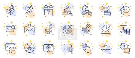 Illustration for Outline set of Piggy bank, Secret gift and Search mail line icons for web app. Include Incoming mail, Wallet, Vip podium pictogram icons. Seo timer, Cursor, Adhesive tape signs. Vector - Royalty Free Image