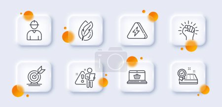 Illustration for Mattress guarantee, Online shopping and Empower line icons pack. 3d glass buttons with blurred circles. Lightning bolt, Target goal, Engineer web icon. Vector - Royalty Free Image
