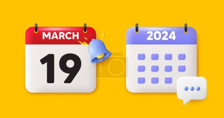 Illustration for Calendar date 3d icon. 19th day of the month icon. Event schedule date. Meeting appointment time. 19th day of March month. Calendar event reminder date. Vector - Royalty Free Image