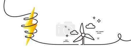 Ilustración de Icono de línea de turbina de molino. Continuo una línea con rizo. Señal de energía eólica. Símbolo de suministro alternativo. Molino de viento turbina cinta de contorno único. Curva de bucle con energía. Vector - Imagen libre de derechos