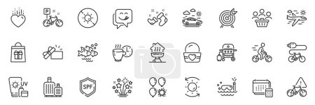 Illustration for Icons pack as Sunscreen, Car travel and Yummy smile line icons for app include Sun protection, Airplane travel, Gas grill outline thin icon web set. Fish school, Bike, Santa boots pictogram. Vector - Royalty Free Image